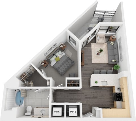 Floor plan for 1 bed, 1 bath, 707 sqft